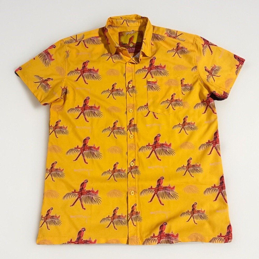 RETRO RIFLE SAWS & MACAWS Mens Yellow Short Sleeve Button Up Parrot Shirt- Large